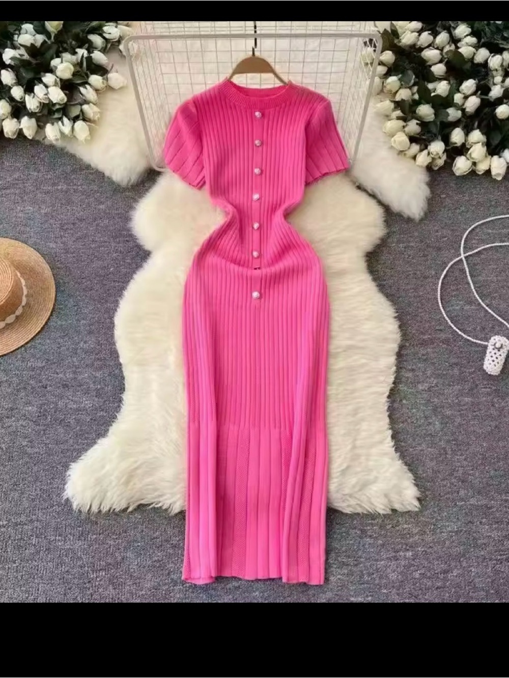 Bright Pink Ribbed Button-Front Maxi Dress